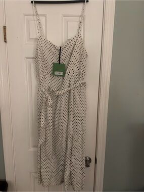Polka Dot Sleeveless Midi Dress with Tie Waist - White/Black